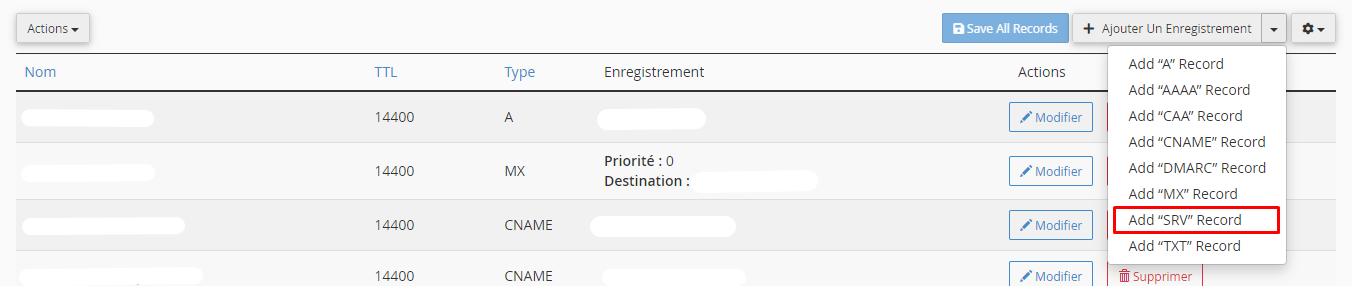 cpanel dns zone srv
