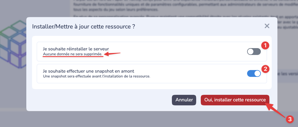 Popup d'installation d'une version de Minecraft