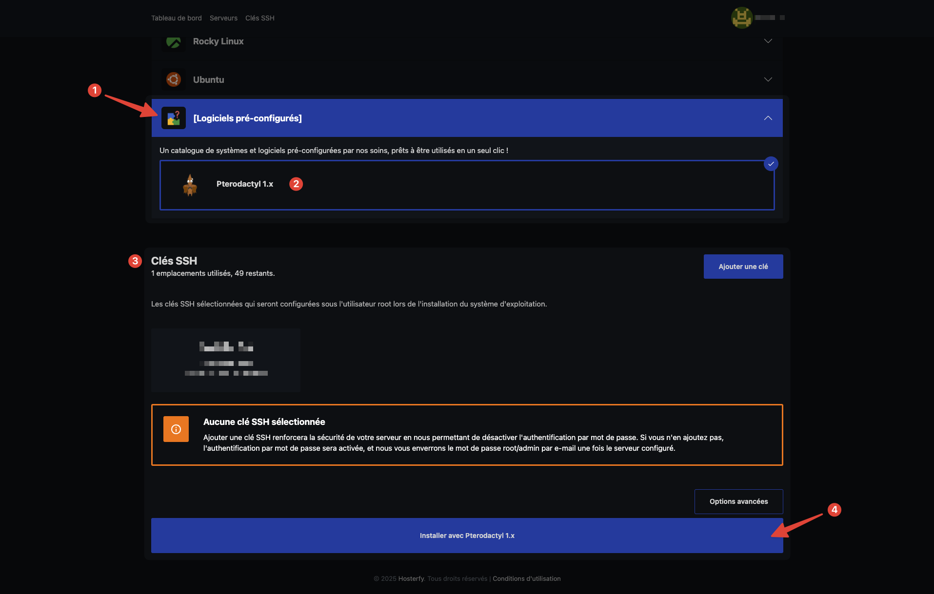 Choix de l'option pour installer Pterodactyl