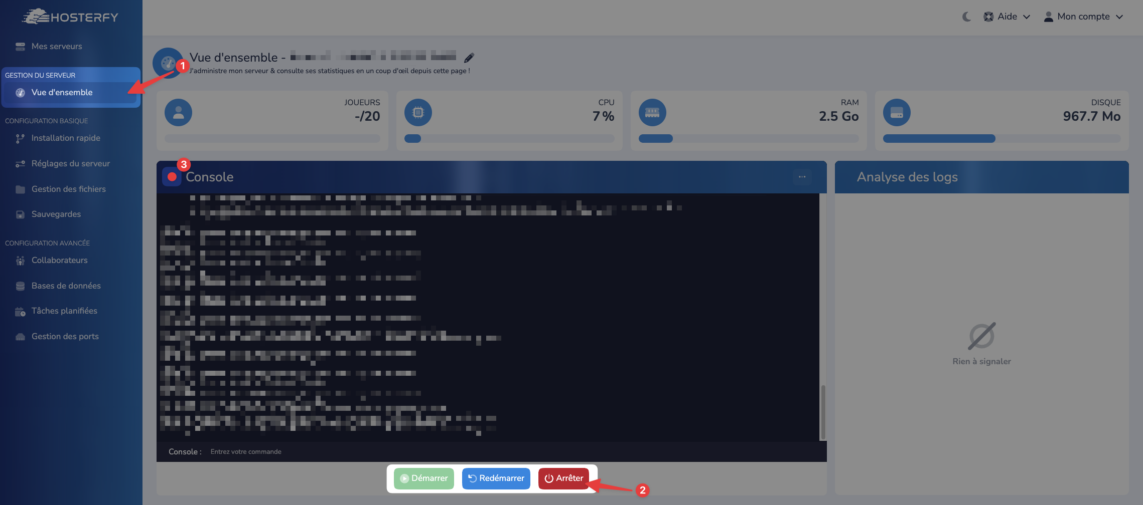 Bouton d'arrêt du serveur Minecraft sur le panel de gestion Hosterfy.