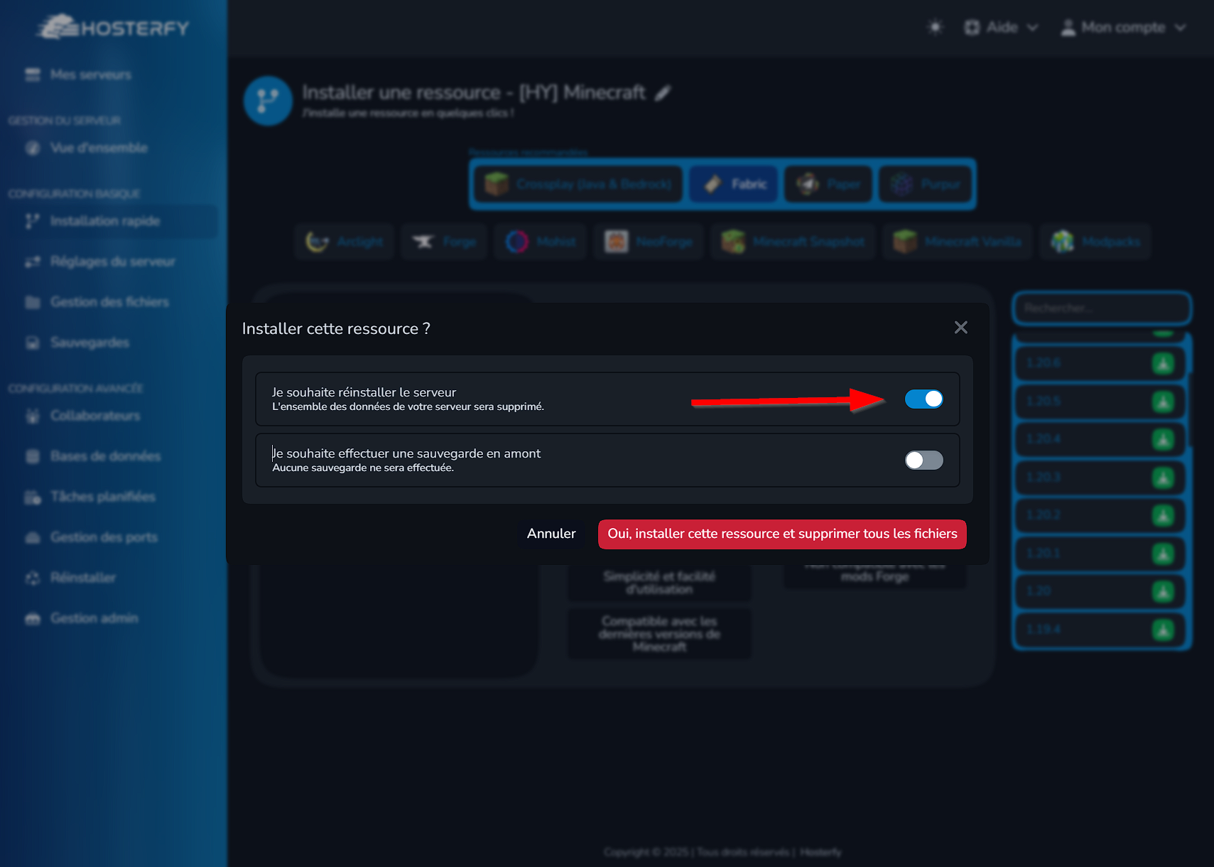 Réinstallation du serveur avec Fabric 1.20.1