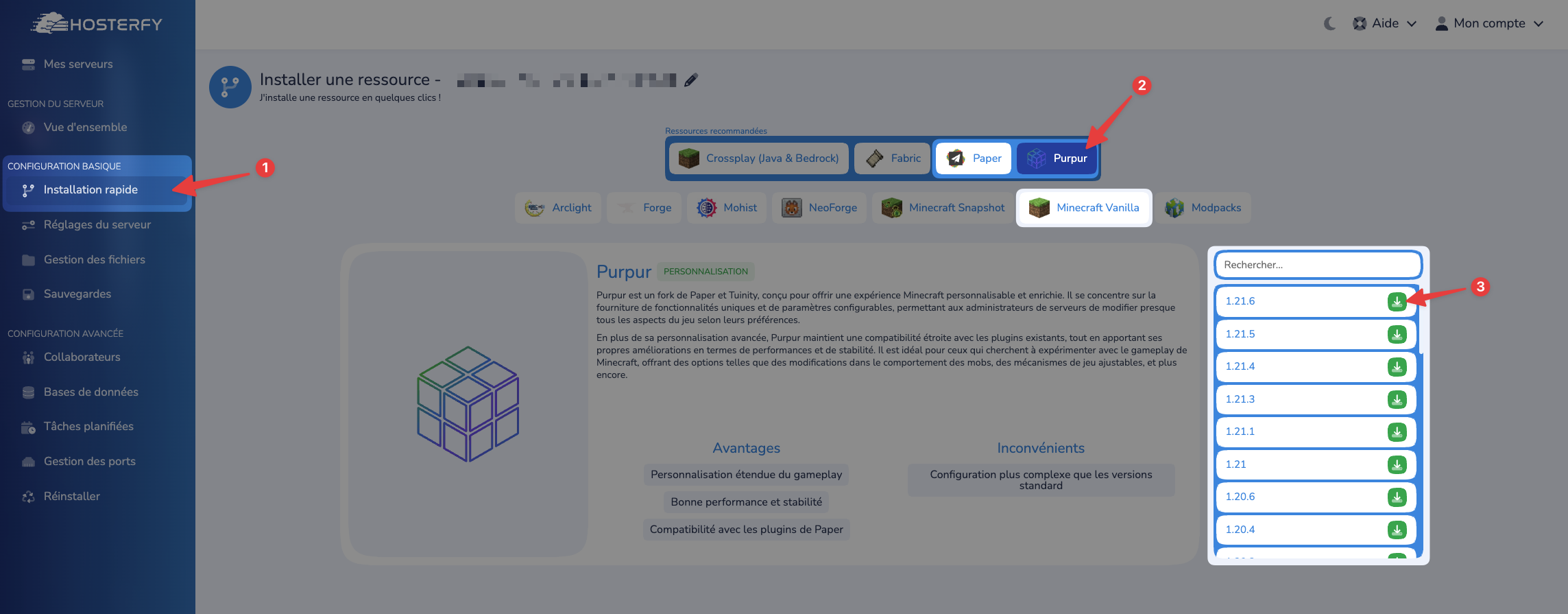 Menu de sélection de version Minecraft dans l'onglet 