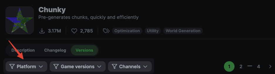 Available filters on the Modrinth page