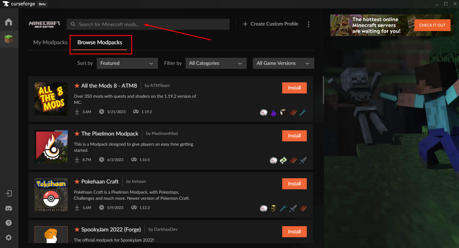Recherche modpack sur CurseForge