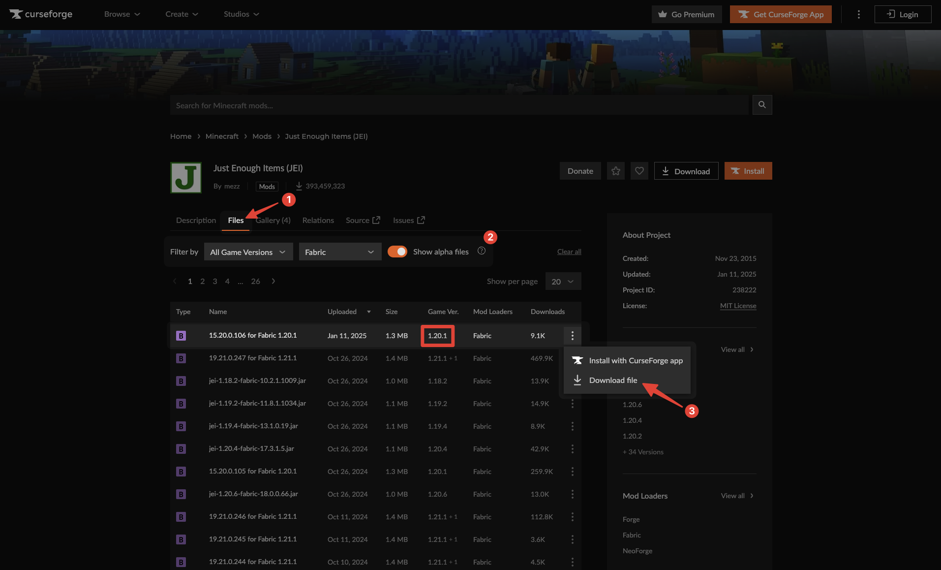 List of Just Enough Items mod versions (example)