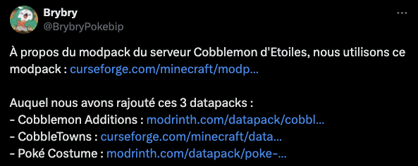 Tweet de Brybry qui indique quels sont les datapacks utilisés sur le serveur d'Etoiles