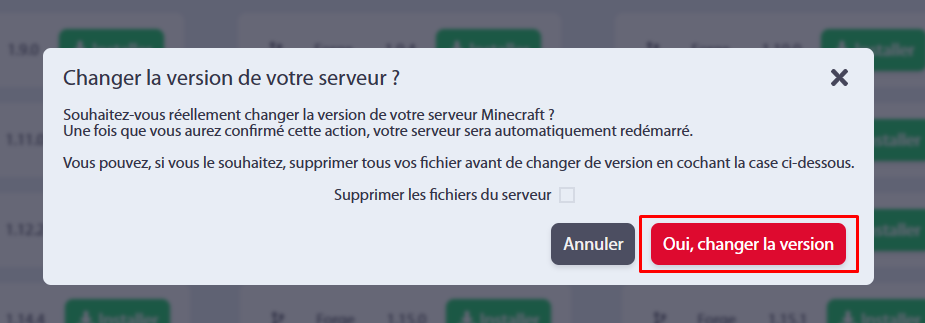 Fenêtre de confirmation pour le changement de version